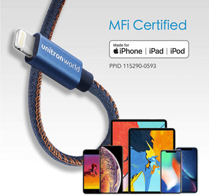 unitron world Denim  USB C to Lightning Cable 4ft [Apple MFi Certified]